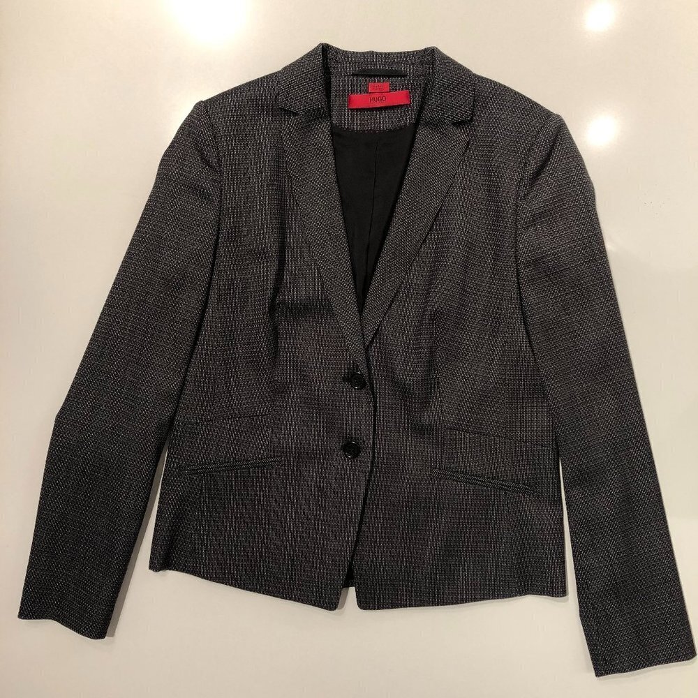 Hugo Boss Notched Collar Two Button Virgin Wool Jacket Black + Cream Sz 8